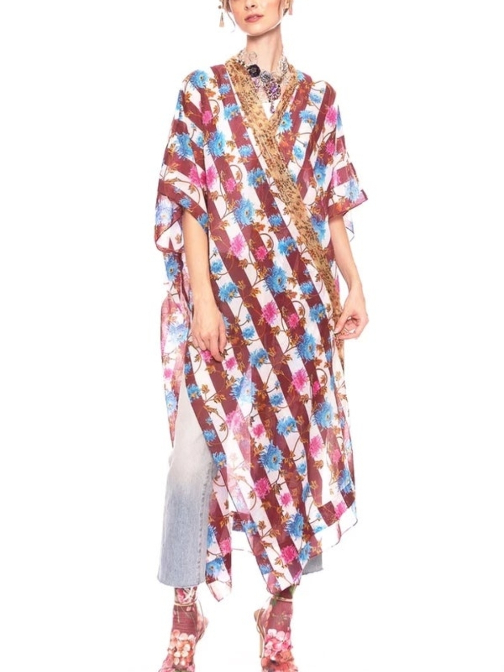 Aratta She Is A Beauty Floral Stripe Kimono Tunic in Brown, Pink & Blue